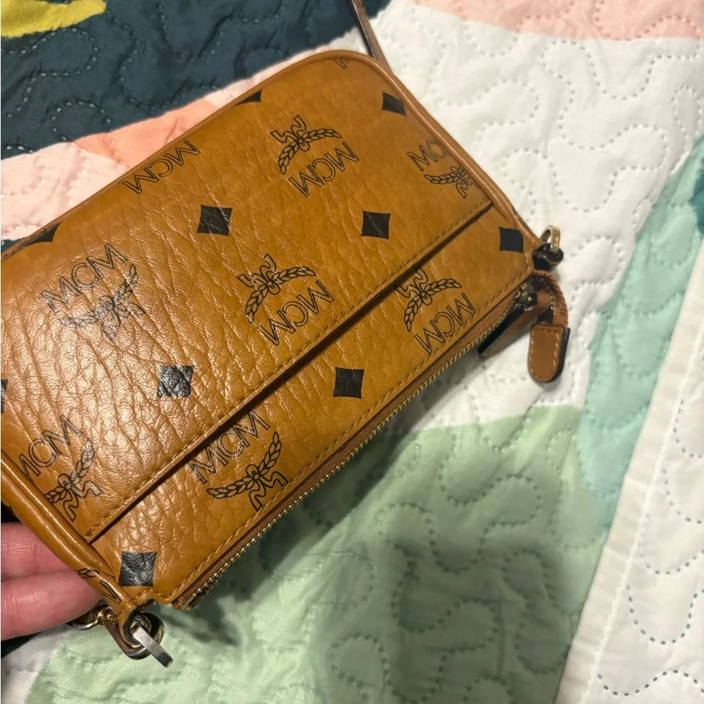 MCM Cognac Visetos Leather Crossbody with Bear Patch and Dark Teal Detail - Picture 10 of 12